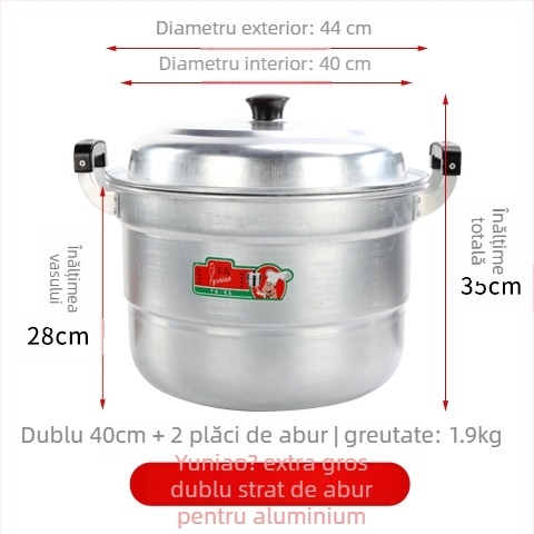 Oală de abur din aluminiu, cu două niveluri, fund unic, potrivită pentru toate plitele