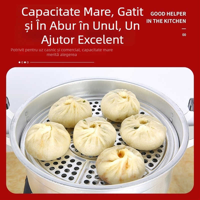 Oală de abur din aluminiu, cu două niveluri, fund unic, potrivită pentru toate plitele