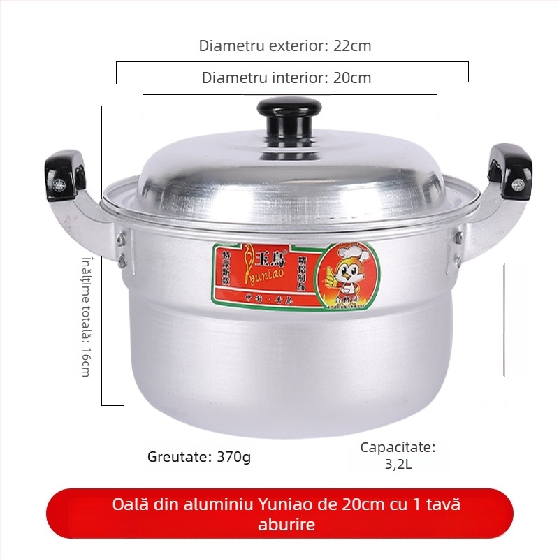 Oală de abur din aluminiu, cu două niveluri, fund unic, potrivită pentru toate plitele