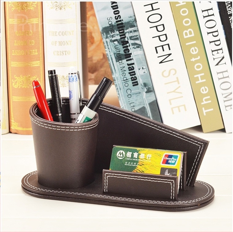 Organizator de birou din piele, suport pentru pix și carduri de vizită, model a1470, stil rețea dublă, capacitate 20, personalizare disponibilă