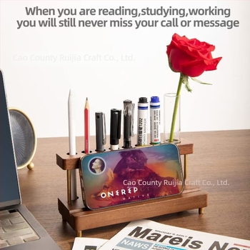 Organizator de birou cu suport pentru pixuri și stand pentru telefon, două etaje, lemn masiv