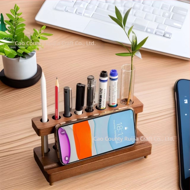 Organizator de birou cu suport pentru pixuri și stand pentru telefon, două etaje, lemn masiv