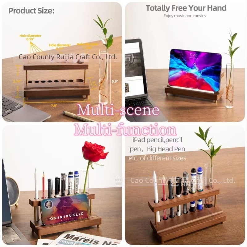 Organizator de birou cu suport pentru pixuri și stand pentru telefon, două etaje, lemn masiv