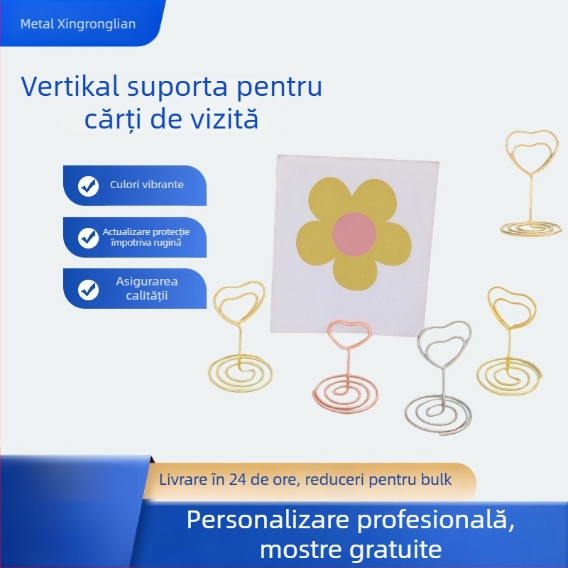 Dreptar metalic pentru cărți de vizită în formă de inimă, suport mesaj vertical, Xingronglian, model Love business card holder, ambalare în pungă