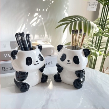 Panda ceramic 3 în 1 organizator pentru pixuri, periuțe de dinți și machiaj – montaj pe perete, 6 niveluri