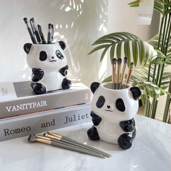 Panda ceramic 3 în 1 organizator pentru pixuri, periuțe de dinți și machiaj – montaj pe perete, 6 niveluri