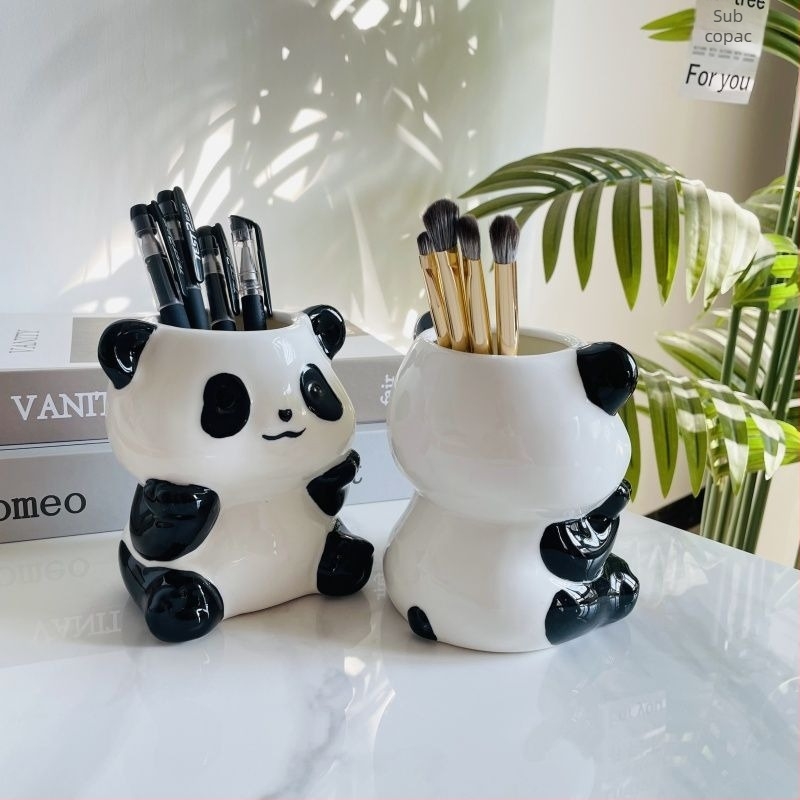 Panda ceramic 3 în 1 organizator pentru pixuri, periuțe de dinți și machiaj – montaj pe perete, 6 niveluri