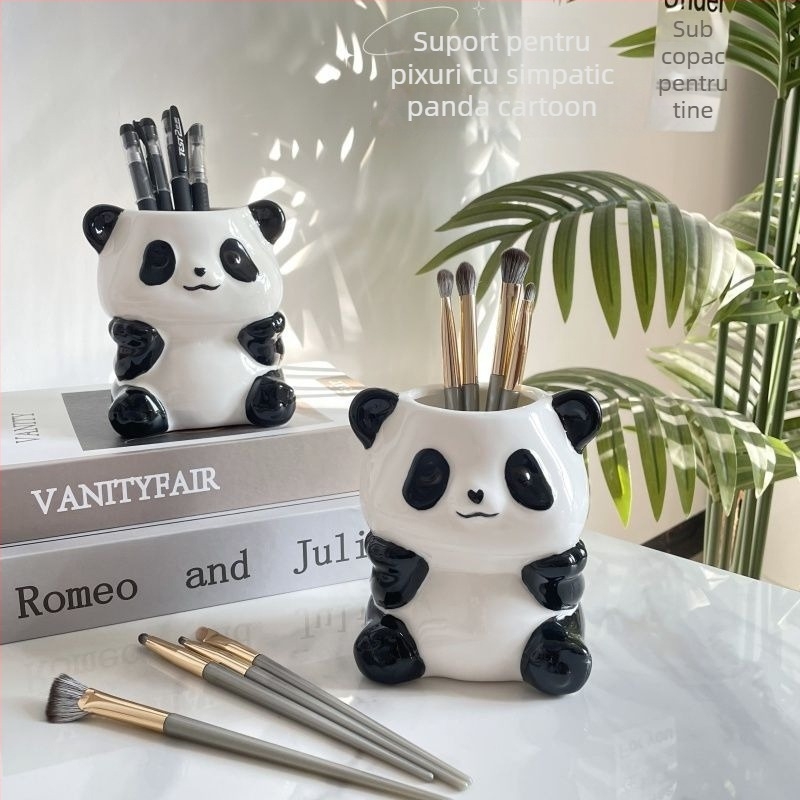 Panda ceramic 3 în 1 organizator pentru pixuri, periuțe de dinți și machiaj – montaj pe perete, 6 niveluri