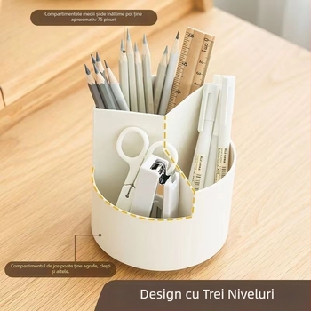 Suport de birou rotativ, recipient rotund din plastic, cu trei compartimente