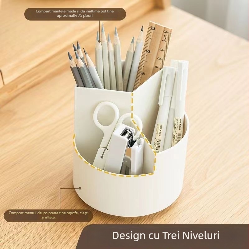 Suport de birou rotativ, recipient rotund din plastic, cu trei compartimente