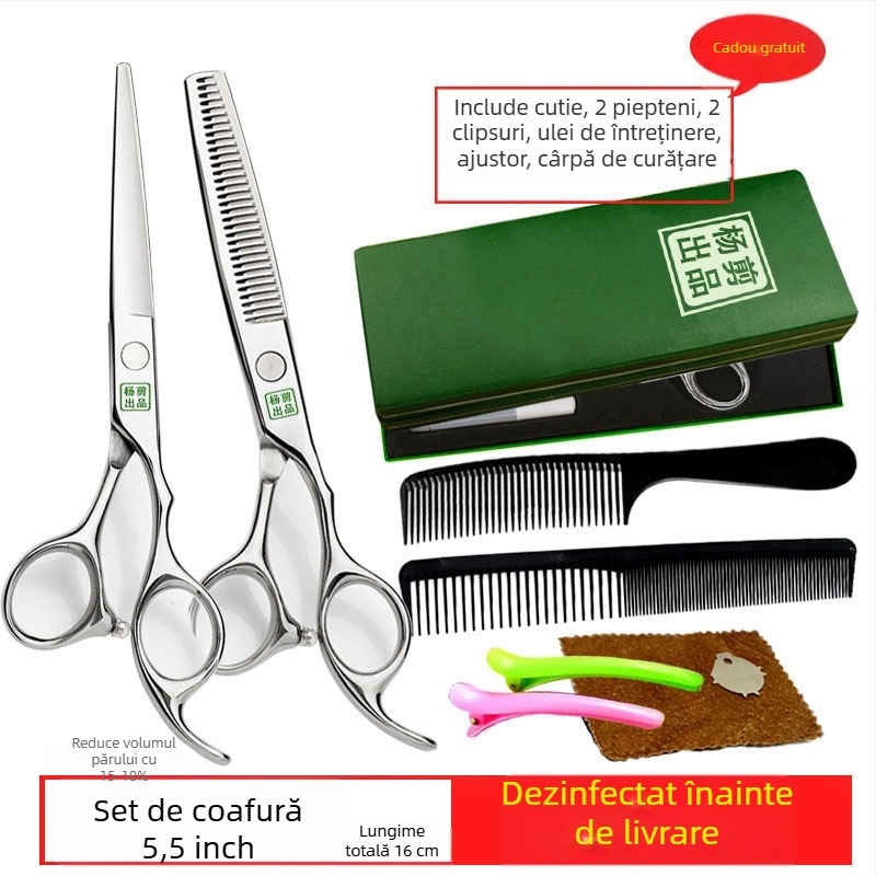 Foarfă de păr Yang – Set profesional de tuns, cu dinți plati și lame ascuțite