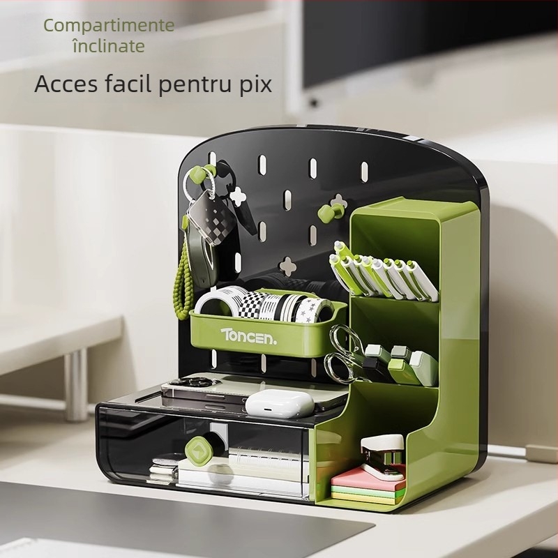 Cutie de depozitare pentru birou cu placă perforată, model 1001, plastic PP, 2 L capacitate, fără capac, organizator pentru telecomenzi, rechizite și cabluri, stil modern minimalist