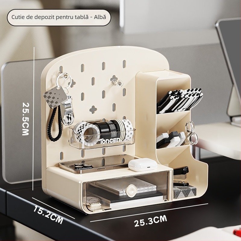 Cutie de depozitare pentru birou cu placă perforată, model 1001, plastic PP, 2 L capacitate, fără capac, organizator pentru telecomenzi, rechizite și cabluri, stil modern minimalist