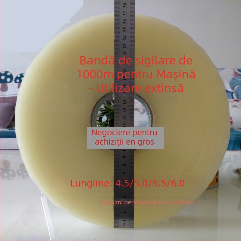 Bandă de etanșare pentru mașini, grosime 52 μm, substrat BOPP, adeziv hot-melt, seria: Bandă pentru mașini, rezistență la temperatură 10–35°C