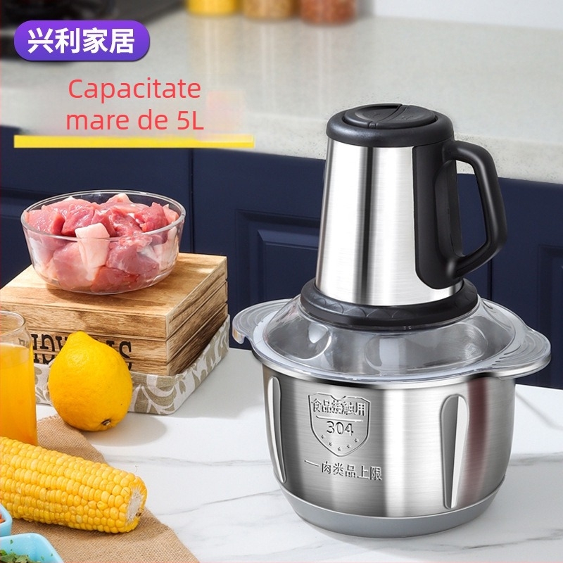 Mașină electrică de tocat carne pentru uz casnic, capacitate 5 L, 5 viteze, 40.000 RPM, vas și corp din oțel inoxidabil, procesor alimentar multifuncțional