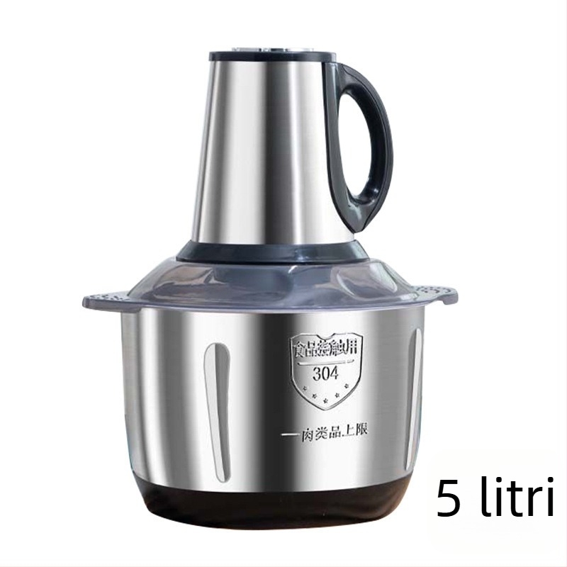 Mașină electrică de tocat carne pentru uz casnic, capacitate 5 L, 5 viteze, 40.000 RPM, vas și corp din oțel inoxidabil, procesor alimentar multifuncțional