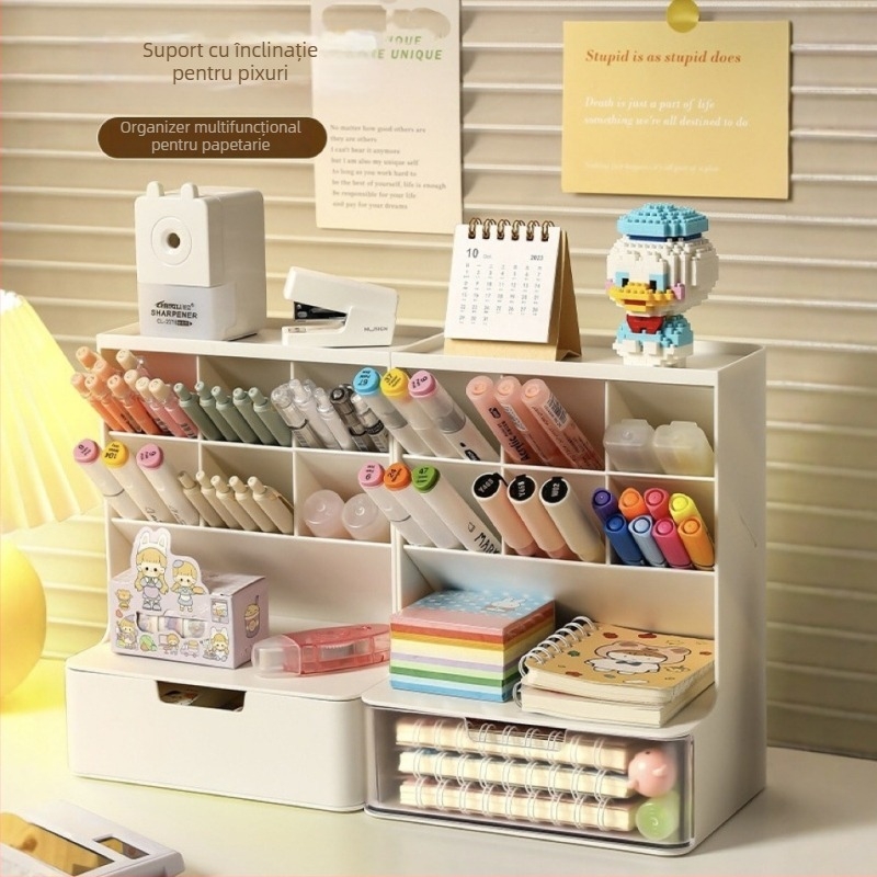 Suport pentru pixuri pentru elevi – Organizator de birou cu design înclinat (Plastic; Fără siglă; Fără personalizare; Fără autorizație IP; Fără mărci licențiate)