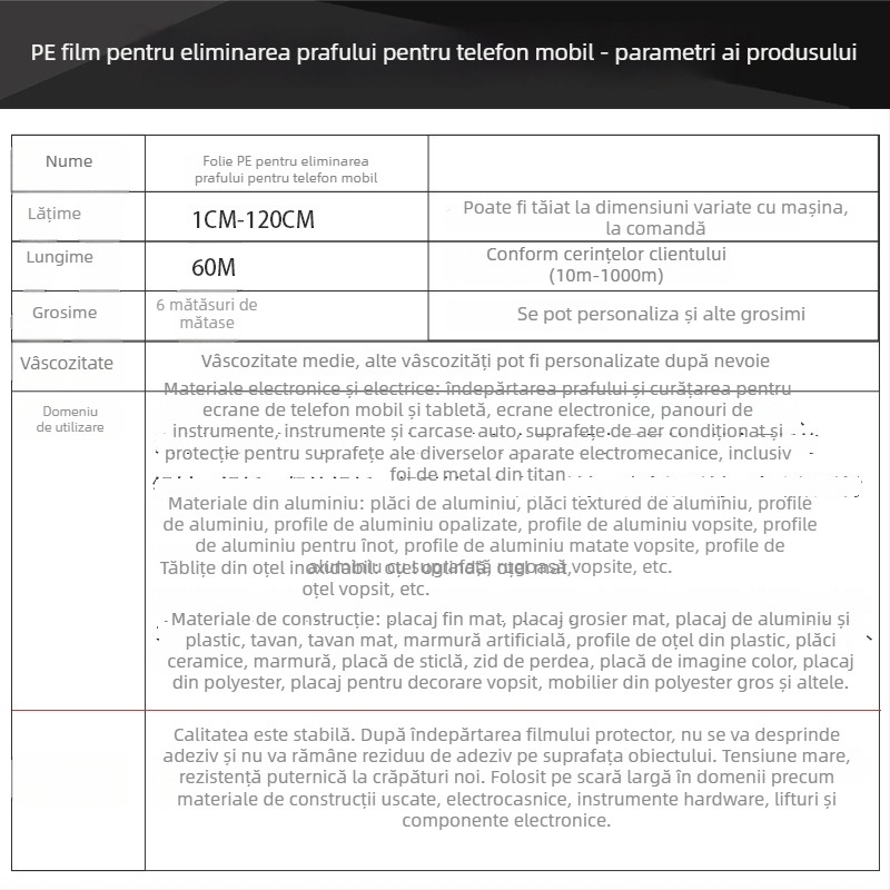 Film PE pentru curățarea ecranelor de telefoane mobile, transparent, adeziv mediu, nucleu din carton, procesare personalizată