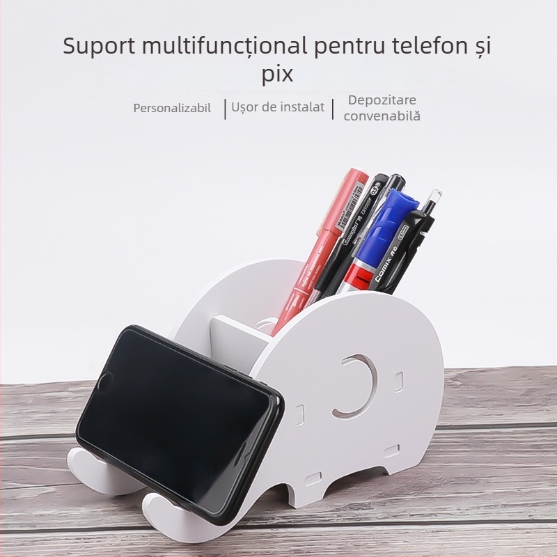 Organizator de birou cu design de elefant — suport multifuncțional pentru pixuri și stand pentru telefon, pătrat, Model 01, placă din lemn-plastic, fără logo