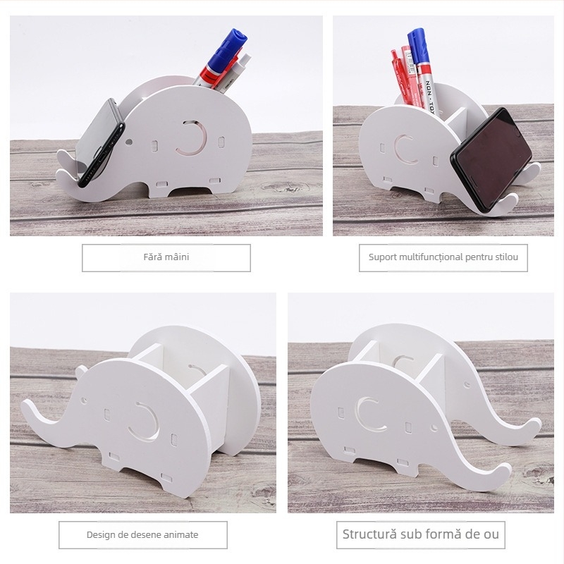 Organizator de birou cu design de elefant — suport multifuncțional pentru pixuri și stand pentru telefon, pătrat, Model 01, placă din lemn-plastic, fără logo
