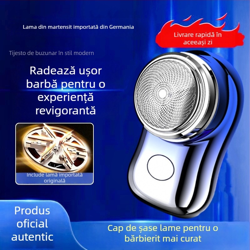 Aparat de ras electric cu cap rotativ, baterie încorporată 500–800 mAh, autonomie de 60 de minute, motor fără perii, cap de ras detașabil și lavabil
