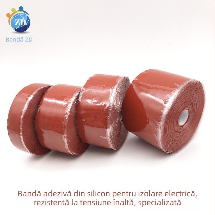 Bandă autoadezivă din silicon pentru izolație electrică de înaltă tensiune și protecție împotriva incendiilor; bază: cauciuc siliconic; interval de temperatură -50–300°C (scurtă durată) și 260°C (lungă durată).