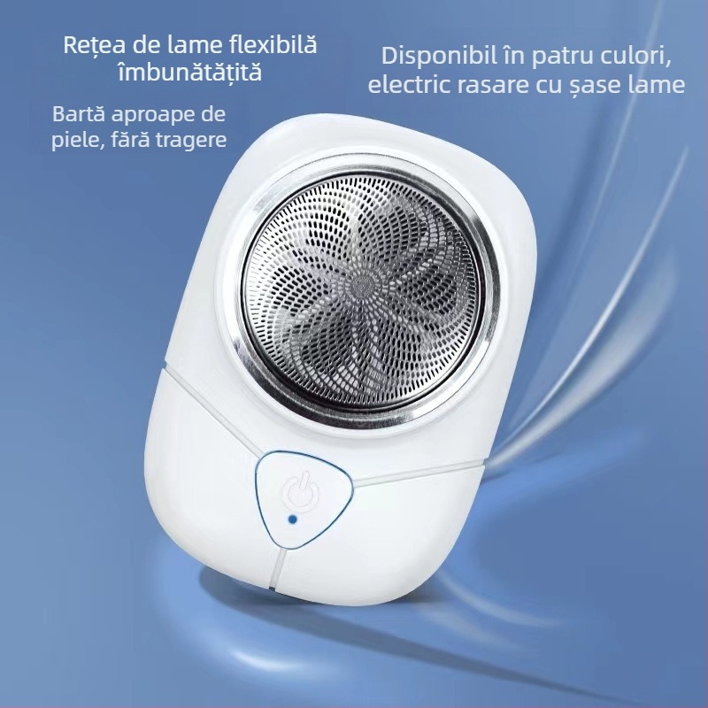 Aparat de ras electric cu cap rotativ de șase lame, USB reîncărcabil, motor fără perii, baterie încorporată 500–800 mAh, autonomie aproximativ 60 de minute