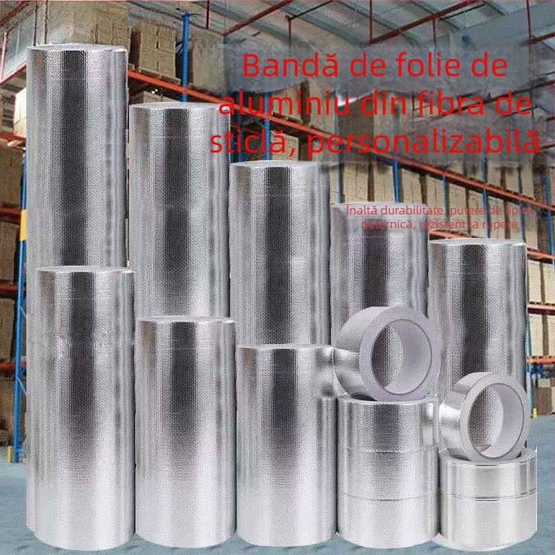 Bandă din fibră de sticlă cu folie de aluminiu, adeziv pe bază de cauciuc, rezistentă la temperaturi înalte, ignifugă, grosime 0,15 mm