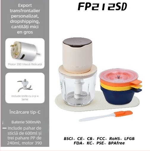 Toacă de usturoi electrică și blender de bucătărie, capacitate sub 1 L, reîncărcabilă și portabilă, ≤36V, 10.000 rpm, recipient din sticlă