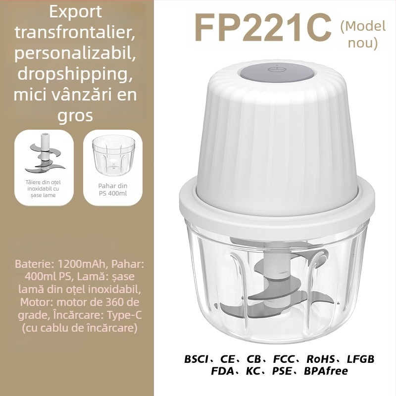 Toacă de usturoi electrică și blender de bucătărie, capacitate sub 1 L, reîncărcabilă și portabilă, ≤36V, 10.000 rpm, recipient din sticlă