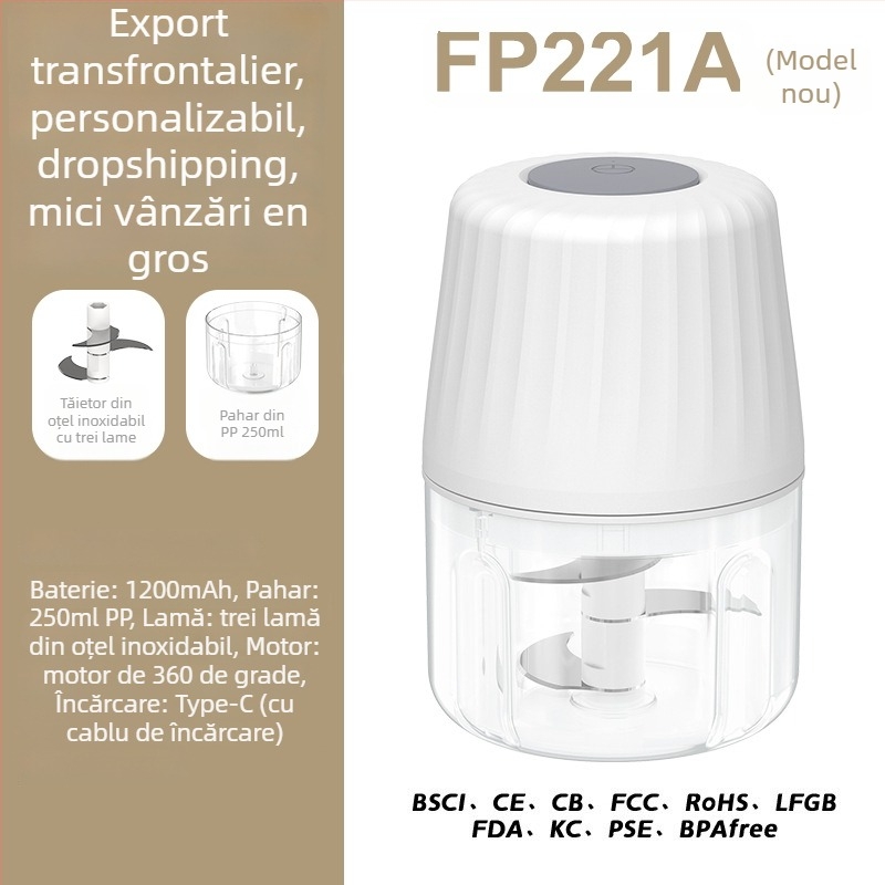 Toacă de usturoi electrică și blender de bucătărie, capacitate sub 1 L, reîncărcabilă și portabilă, ≤36V, 10.000 rpm, recipient din sticlă