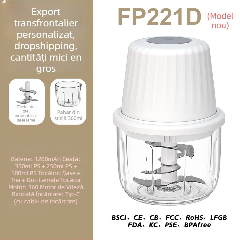 Toacă de usturoi electrică și blender de bucătărie, capacitate sub 1 L, reîncărcabilă și portabilă, ≤36V, 10.000 rpm, recipient din sticlă