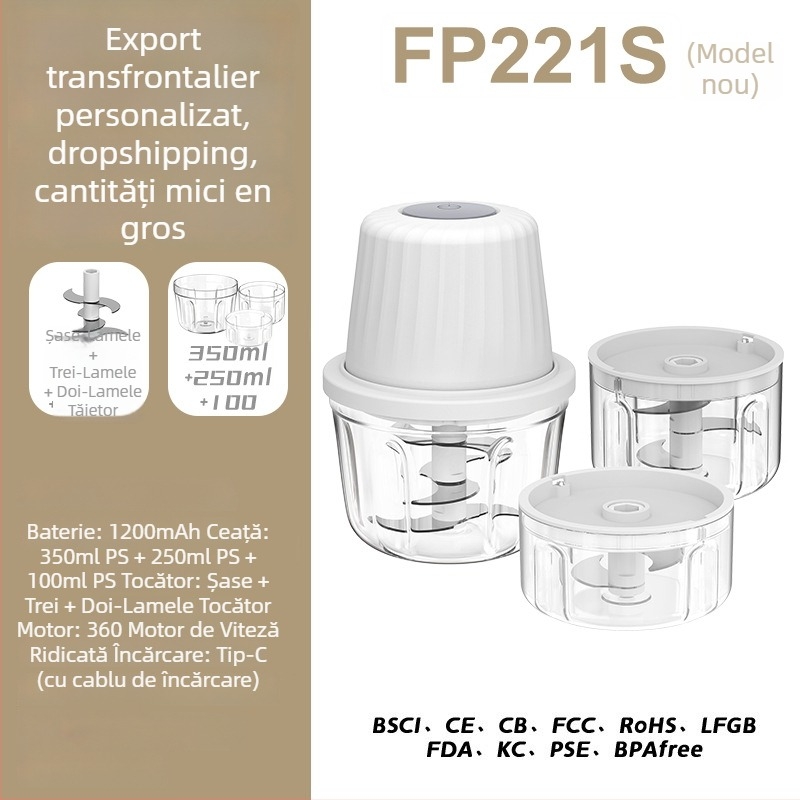 Toacă de usturoi electrică și blender de bucătărie, capacitate sub 1 L, reîncărcabilă și portabilă, ≤36V, 10.000 rpm, recipient din sticlă