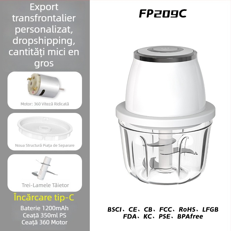 Toacă de usturoi electrică și blender de bucătărie, capacitate sub 1 L, reîncărcabilă și portabilă, ≤36V, 10.000 rpm, recipient din sticlă