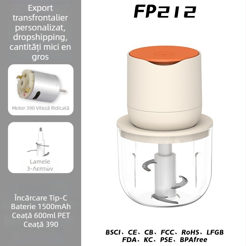 Toacă de usturoi electrică și blender de bucătărie, capacitate sub 1 L, reîncărcabilă și portabilă, ≤36V, 10.000 rpm, recipient din sticlă