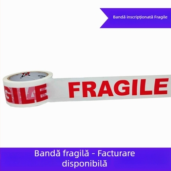 Bandă de ambalare FRAGILE cu mesaj de avertizare, film BOPP, grosime 45 mm, adeziv pe bază de apă, lungime 66 m