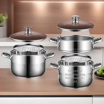 Oală de abur cu două etaje din oțel inoxidabil 201, cu coș de aburi integrat, capac din sticlă, bază multistrat, compatibilă cu plita cu inducție și gaz