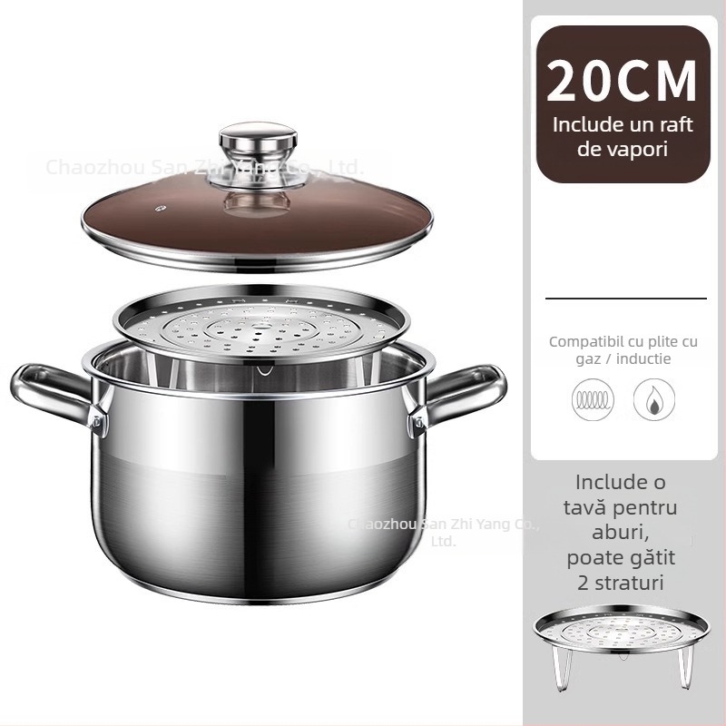 Oală de abur cu două etaje din oțel inoxidabil 201, cu coș de aburi integrat, capac din sticlă, bază multistrat, compatibilă cu plita cu inducție și gaz