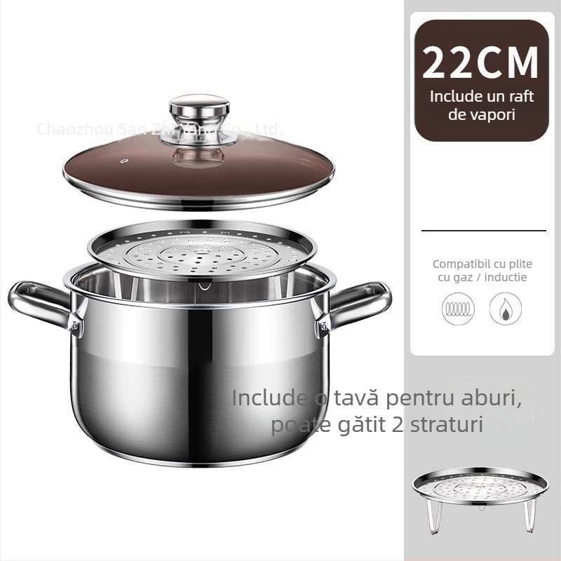 Oală de abur cu două etaje din oțel inoxidabil 201, cu coș de aburi integrat, capac din sticlă, bază multistrat, compatibilă cu plita cu inducție și gaz