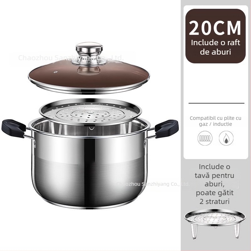 Oală de abur cu două etaje din oțel inoxidabil 201, cu coș de aburi integrat, capac din sticlă, bază multistrat, compatibilă cu plita cu inducție și gaz