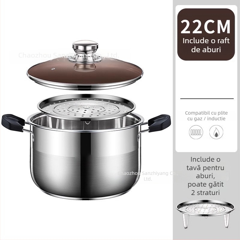Oală de abur cu două etaje din oțel inoxidabil 201, cu coș de aburi integrat, capac din sticlă, bază multistrat, compatibilă cu plita cu inducție și gaz