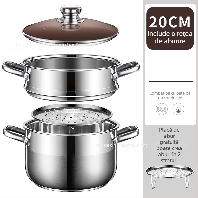 Oală de abur cu două etaje din oțel inoxidabil 201, cu coș de aburi integrat, capac din sticlă, bază multistrat, compatibilă cu plita cu inducție și gaz