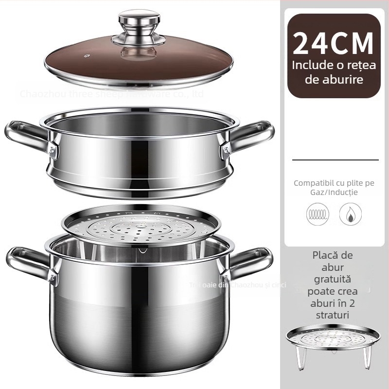 Oală de abur cu două etaje din oțel inoxidabil 201, cu coș de aburi integrat, capac din sticlă, bază multistrat, compatibilă cu plita cu inducție și gaz