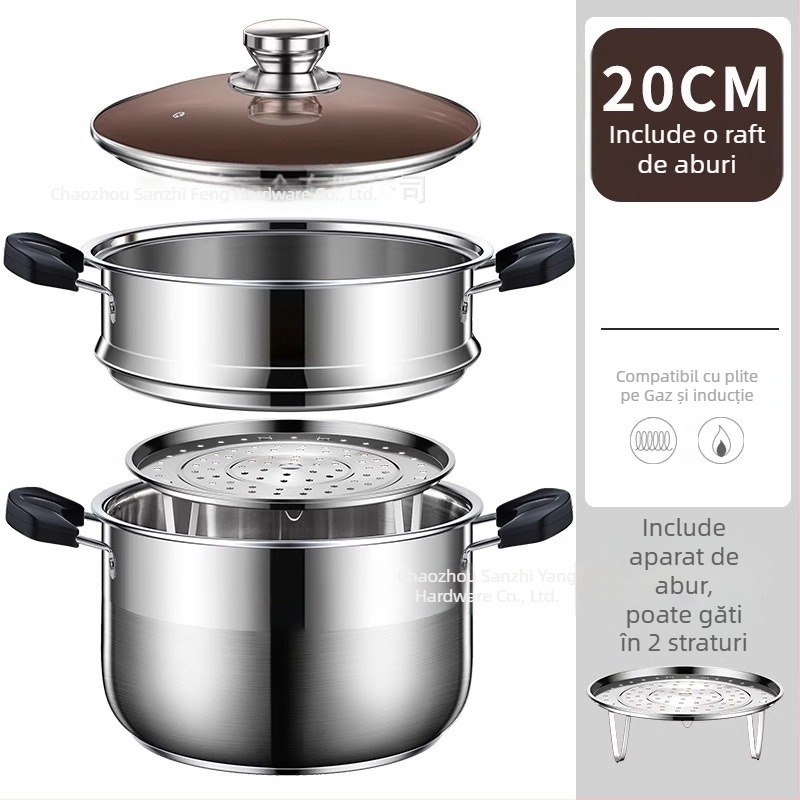 Oală de abur cu două etaje din oțel inoxidabil 201, cu coș de aburi integrat, capac din sticlă, bază multistrat, compatibilă cu plita cu inducție și gaz