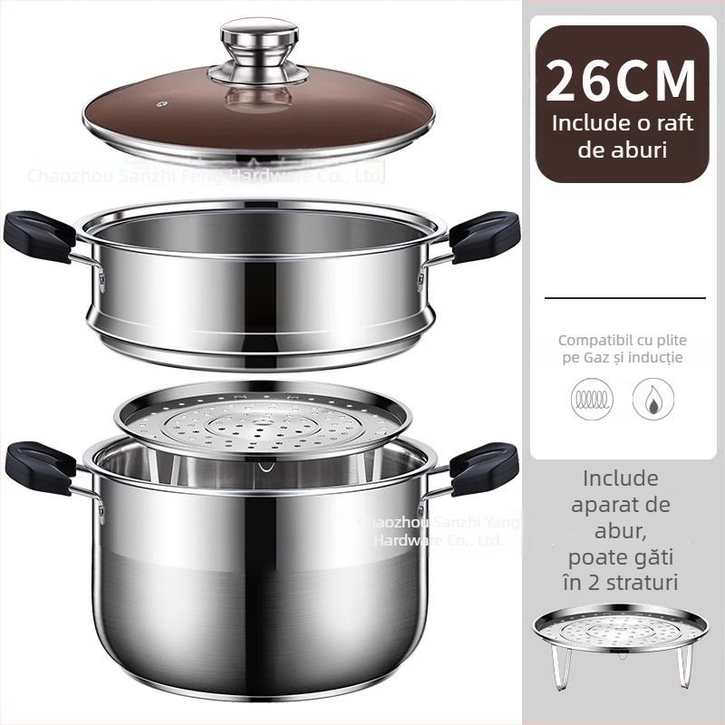 Oală de abur cu două etaje din oțel inoxidabil 201, cu coș de aburi integrat, capac din sticlă, bază multistrat, compatibilă cu plita cu inducție și gaz