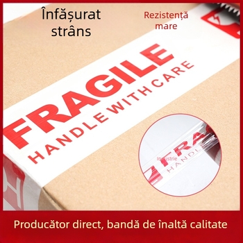 Bandă de ambalare cu avertisment pentru fragil, adeziv cu viscozitate înaltă, film 50 μm, lățime 50 mm, lungime 100 m