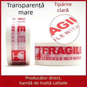 Bandă de ambalare cu avertisment pentru fragil, adeziv cu viscozitate înaltă, film 50 μm, lățime 50 mm, lungime 100 m
