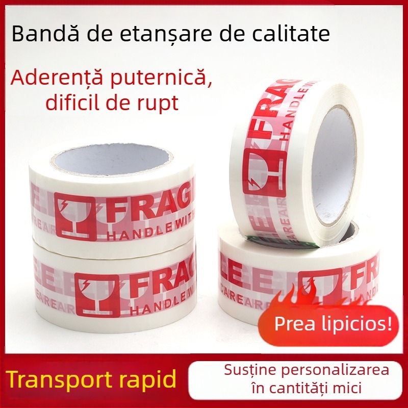 Bandă de ambalare cu avertisment pentru fragil, adeziv cu viscozitate înaltă, film 50 μm, lățime 50 mm, lungime 100 m
