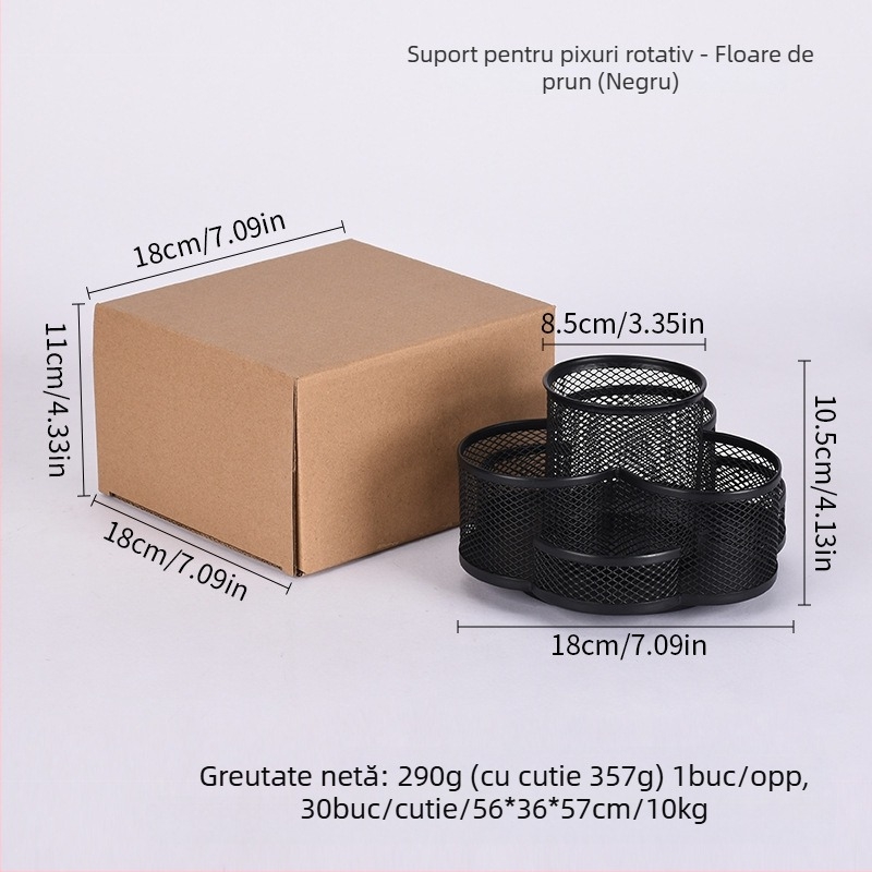 Suport pentru pix rotativ din metal, design cu floare de prune, organizator de birou multifuncțional
