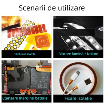 Bandă PET de mască pentru fixarea marginii bateriei, grosime 0,05 mm, adeziv acrilic, rezistență la temperatură pe termen lung 130°C, pe termen scurt 180°C, interval -40°C până la 130°C, necesită unelte pentru tăiere